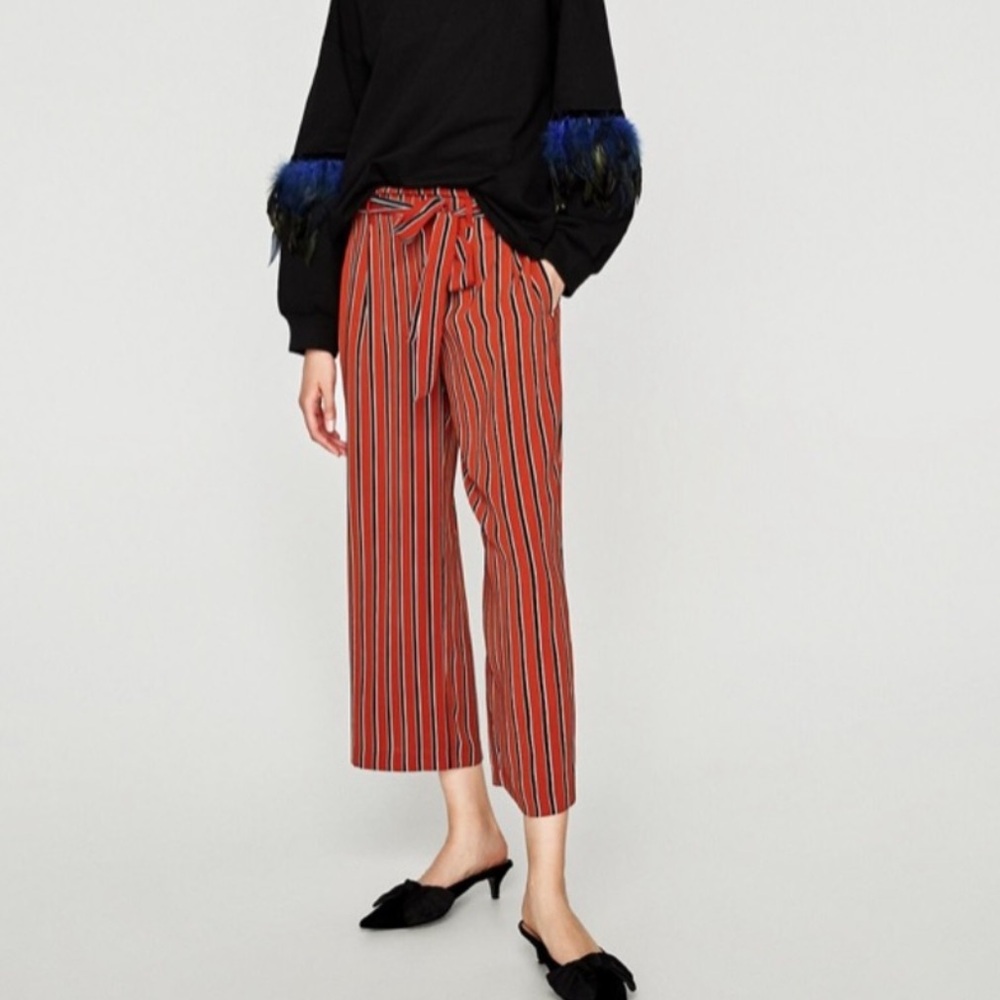 Zara Red and Black Striped Cropped Pants
